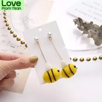Серьги в виде медовой пчелы для женщин, девочек и детей, милые животные, ручная работа, шерстяные длинные цепочки, желтые, маленькие, висячие серьги в виде шмеля жёлтый