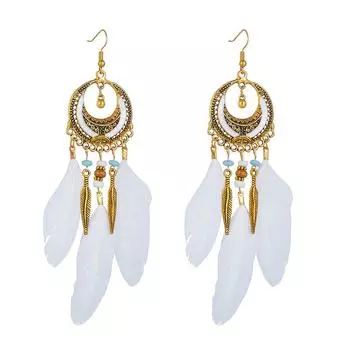 Серьги в виде перьев в стиле бохо с длинными бусинами из риса, персонализированные универсальные тибетские серьги белый