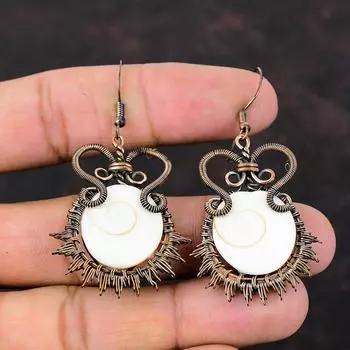 Серьги в виде ракушки Шивы, медные серьги с проволокой, серьги ручной работы, медные украшения, серьги с настоящими драгоценными камнями, совершенно новые ювелирные изделия, подарок для женщин