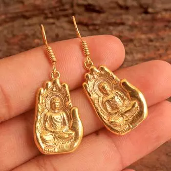 Серьги в виде руки Будды с покрытием из желтого золота, массивные серьги из стерлингового серебра 925 пробы, массивные ювелирные изделия, висячие серьги золотой/жёлтый