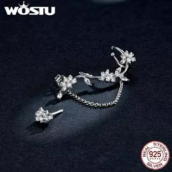 Серьги WOSTU с цветущими цветами, стерлинговое серебро 925 пробы, асимметричные прозрачные серьги с цирконием для женщин, свадебные модные ювелирные изделия 925 silver