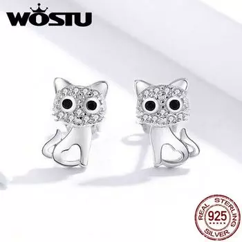 Серьги WOSTU с милым котом, 100% настоящее серебро 925 пробы, ювелирные изделия с фианитами, маленькая кошечка для женщин