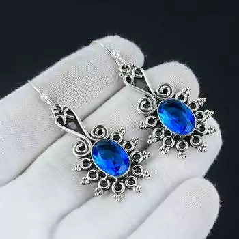 Серьги высшего качества с лондонским голубым топазом и драгоценными камнями, овальные серьги с драгоценными камнями, серьги из стерлингового серебра 925 пробы, серьги с камнем рождения, женские серьги 2.36 синий