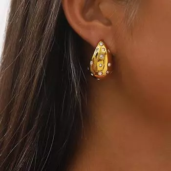 Серьги-запятые из нержавеющей стали с пухлыми бриллиантами. Модные и универсальные геометрические серьги.