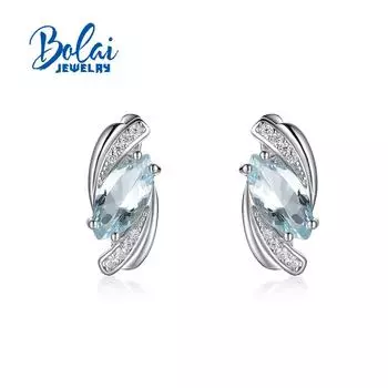 Серьги-застежки с натуральным бразильским синим аквамарином 2,2 карата маркиза 5*10 мм, изысканные ювелирные изделия, серебро 925 пробы для женщин M синий