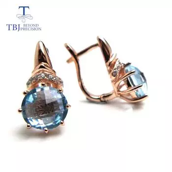 Серьги-застежки с натуральным небесно-голубым топазом в шахматном порядке, круглые 8 мм, 4,6, серебро 925 пробы, розовое золото M синий