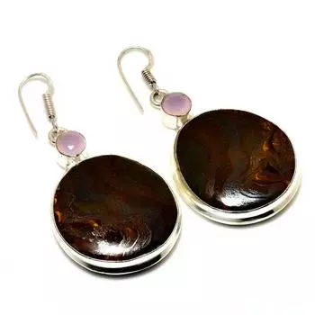 Серьги «Железный тигровый глаз» с розовым халцедоном, посеребренные 925 пробы, 2,08 дюйма