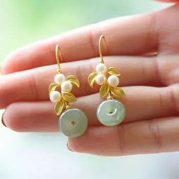 Серьги женские из нефрита Хэтянь в виде листа, легкая роскошь, ретро, жемчужные серьги, годовой темперамент, подходят к ханьфу, ципао