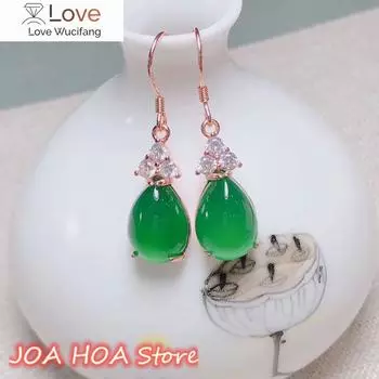 Серьги женские из розового золота, стерлингового серебра 925 пробы с натуральным изумрудом, розовым, зеленым, красным, белым халцедоном и каплями воды