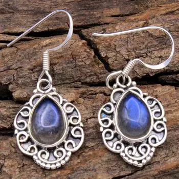 Серьги женские из стерлингового серебра 925 пробы с драгоценным камнем лабрадоритом синий