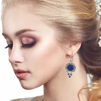 Серьги женские серебряные с танзанитом и лунным камнем 1,5 дюйма