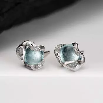 Серьги-змеевик из эпоксидной смолы Ice Blue Exotic серебряное озеро синий