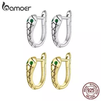 Серьги-змеи из стерлингового серебра 925 пробы BAMOER, устойчивые к потускнению зеленые серьги-кольца с платиновым покрытием CZ для женщин серебряный