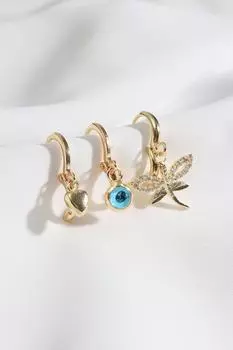 Серьги золотистого цвета из трех частей с моделью стрекозы