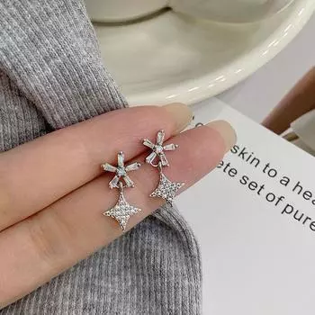 Серьги-звездочки с четырьмя лучами, милые серьги-звездочки, серьги-цветочки с бриллиантами, серьги-гвоздики