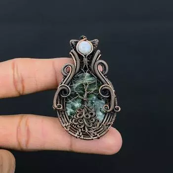 Серафинит и лунный камень, драгоценные камни, подвески ручной работы из чистой медной проволоки, обернутые ювелирными изделиями 2.56 Inches зелёный