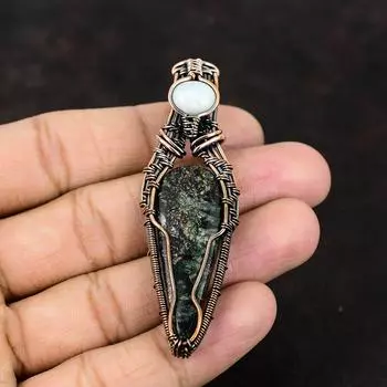 Серафинит Медный Кулон Медная Проволока Обернутый Кулон Драгоценный Камень Дизайнерские Ювелирные Изделия Кулон Лунный Камень Ювелирные Изделия Ручной Работы Серафинит Подарок Для Мамы