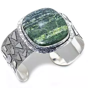 Серафинит винтажный стиль стерлингового серебра 925 пробы с драгоценными камнями серебряные украшения регулируемый браслет-манжета для подарка ей Adjustable зелёный