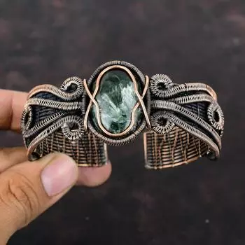 Серафинитовый браслет-манжета, браслет из медной проволоки, красивые ювелирные изделия из драгоценных камней, медный браслет-манжета ручной работы, подарок для нее, регулируемый браслет