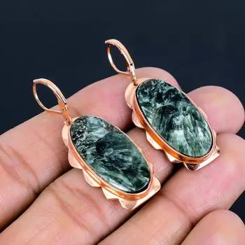 Серафинитовый драгоценный камень, медная ювелирная серьга ручной работы для свадебного подарка 1.85 Inches зелёный