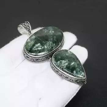 Серафинитовый драгоценный камень ручной работы Стерлинговое серебро 925 пробы Ювелирный кулон Двойной серафинитовый кулон из драгоценного камня Подвеска из натурального драгоценного камня Подарки на День благодарения 2.75 зелёный