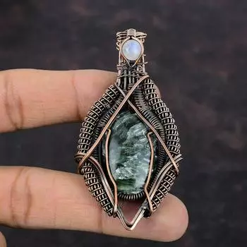 Серафинитовый кулон, медная проволока, обернутая подвеска, Радужный кулон с лунным камнем, медная проволока ручной работы, ювелирный подарок для нее, ювелирные изделия из натуральных драгоценных камней