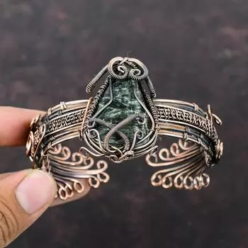 Серафинитовый медный браслет-манжета, проволочный браслет, ювелирные изделия из драгоценных камней, медный браслет ручной работы, подарок для нее, регулируемый браслет, дизайнерские ювелирные изделия