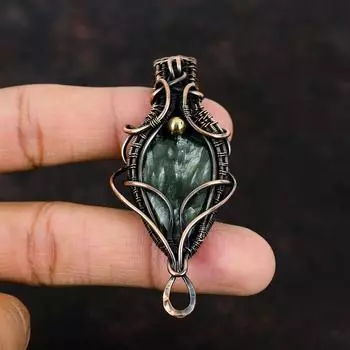 Подвеска из меди серафинит, подвеска из медной проволоки, драгоценный камень, дизайнерские украшения, ручная работа, уникальные украшения, подарок для друга, ювелирные изделия из серафинита