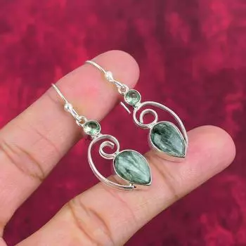 Серьги с серафинитом, зеленым аметистом, драгоценные камни, серьги ручной работы из чистого серебра 925 пробы, ювелирные изделия последнего дизайна 1.97 Inches зелёный