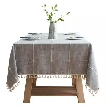 Серая большая квадратная скатерть с кисточками и вышивкой, хлопково-льняное пыленепроницаемое клетчатое покрытие для стола, для декора кухонной столовой столешницы 90x90cm