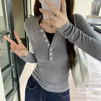 Серая футболка из двух частей с имитацией воротника-халтер и длинными рукавами для женщин на весну и осень, новый приталенный топ S
