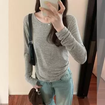 Серая футболка с круглым вырезом и длинным рукавом для женщин, осенняя, новая, повседневная, свободная, универсальная, тонкая, облегающая верхняя часть S