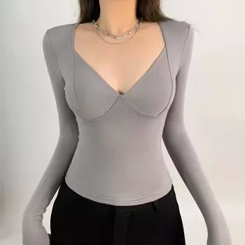 Серая футболка с V-образным вырезом и длинными рукавами, женская, осенняя, пикантная, сексуальная, облегающая, шикарная, короткая, нижняя рубашка, топ Майяра M чёрный