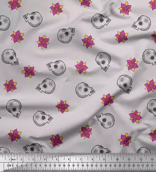 Серая хлопковая вуаль Soimoi с цветочным и этническим принтом в виде черепа, 56 дюймов по метрам 42 Inch Wide - Cotton Voile светло-серый