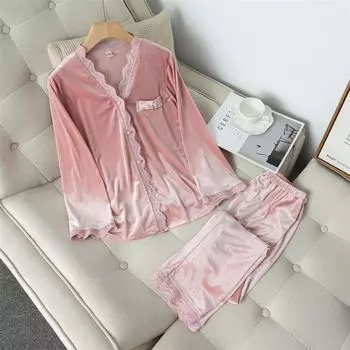 Серая кружевная отделка, комплект из 2 предметов для сна, женская велюровая рубашка и брюки, осенний новый пижамный комплект с длинным рукавом, бархатный пижамный костюм M