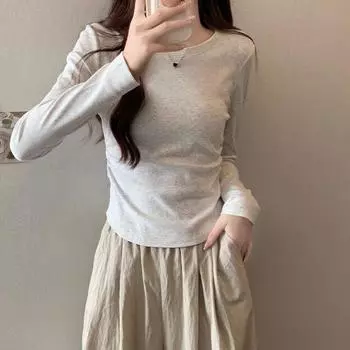 Серая облегающая футболка с длинными рукавами и мягкой восковой маской для женщин в новом стиле начала осени с однотонным плиссированным топом узкого кроя S