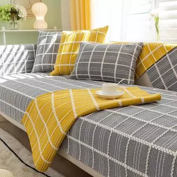 Серая подушка для дивана, утолщенная из хлопка и льна, универсальная для всех сезонов, простой современный противоскользящий чехол для дивана в клетку с тканевым полотенцем 70*70cm