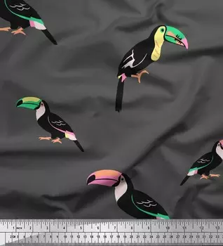 Серая поли креповая ткань Soimoi, тукан с принтом птицы, швейная ткань, метр 42 дюйма 42 Inch Wide - Poly Crepe серый