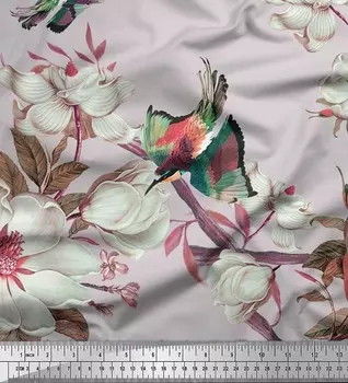 Серая полиэфирная креповая ткань Soimoi с цветочным принтом и принтом зимородка и птицы, 42 дюйма по метрам 42 Inch Wide - Poly Crepe зелёный