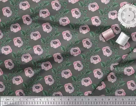 Серая полиэфирная креповая ткань Soimoi с цветочным принтом в виде листьев и анемонов, 42 дюйма в размерах по метрам 42 Inch Wide - Poly Crepe серый