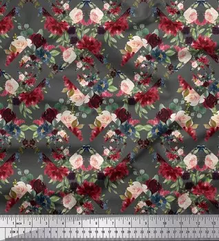 Серая полиэфирная креповая ткань Soimoi с геометрическими фигурами и цветочным принтом розы Баккара, ткань с принтом по метрам, 42 дюйма 42 Inch Wide - Poly Crepe серый