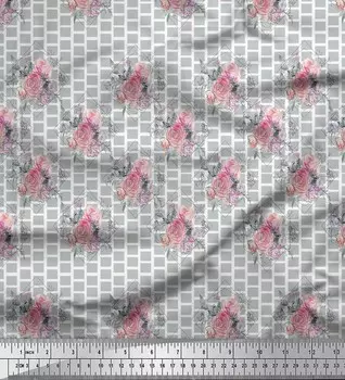 Серая полиэфирная креповая ткань Soimoi с квадратным и розовым цветочным принтом, швейная ткань, метр 42 дюйма 42 Inch Wide - Poly Crepe серый