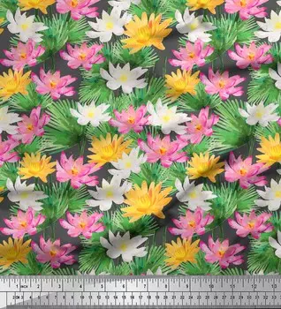 Серая полиэфирная креповая ткань Soimoi с листьями и цветочным принтом лотоса, декоративная ткань с принтом по метрам, 42 дюйма 42 Inch Wide - Poly Crepe серый