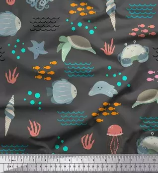 Серая полиэфирная креповая ткань Soimoi с принтом в виде краба и черепахи Ocean на метре 42 дюйма 42 Inch Wide - Poly Crepe серый
