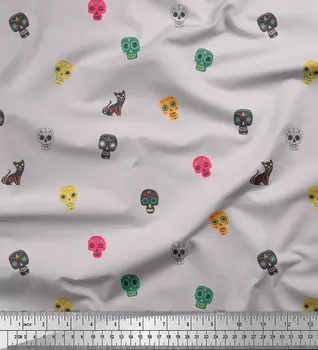 Серая японская креп-атласная ткань Soimoi с изображением черепа и кошки, этнический декор, ткань с принтом, метр, 42 дюйма 42 Inch Wide - Poly Crepe серый