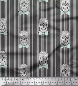 Серая японская креп-атласная ткань Soimoi, ткань с бантом и художественным принтом в полоску черепа, 42 дюйма на метр 42 Inch Wide - Poly Crepe серый