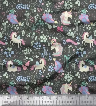 Серая японская креп-сатин Soimoi Ткань для рукоделия с принтом единорога и цветочным принтом в ярдах 42 дюйма 42 Inch Wide - Poly Crepe серый