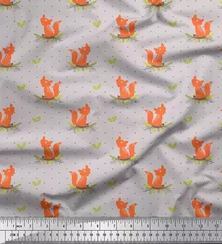 Серая японская креп-сатиновая ткань Soimoi, этническая лисица и горошек, принты по метрам, 42 дюйма 42 Inch Wide - Poly Crepe зелёный