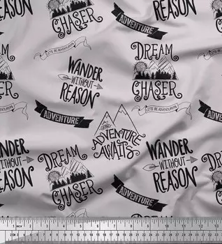 Серая японская креп-сатиновая ткань Soimoi Dream Chaser с текстовым принтом, швейная ткань, метр 42 дюйма 42 Inch Wide - Poly Crepe серый