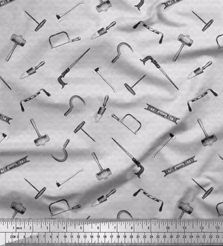 Серая японская креп-сатиновая ткань Soimoi, квадратная ткань с принтом для инструментов, 42 дюйма по метрам 42 Inch Wide - Poly Crepe серый